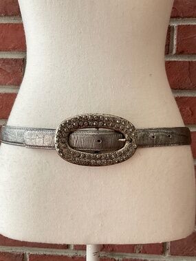 Leatherock Aligator Embossed Silver Grey Leather Belt Rhinestone Buckle Size 32